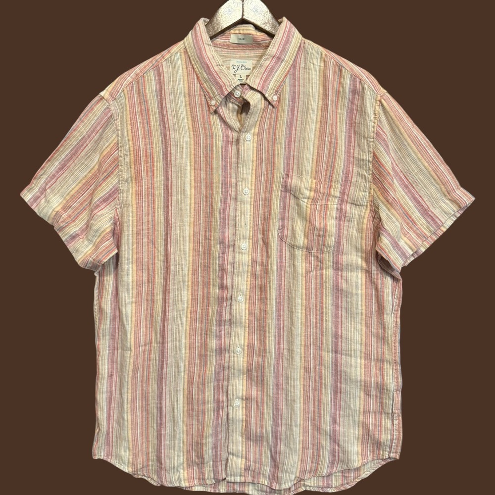J.Crew Mens Irish Linen Short Sleeve Slim Fit Striped Shirt BE557 L Multi-Color